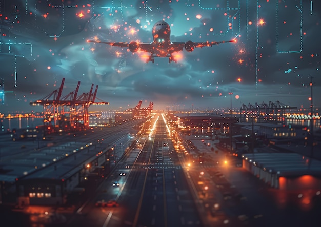 繁忙的货运机场夜景